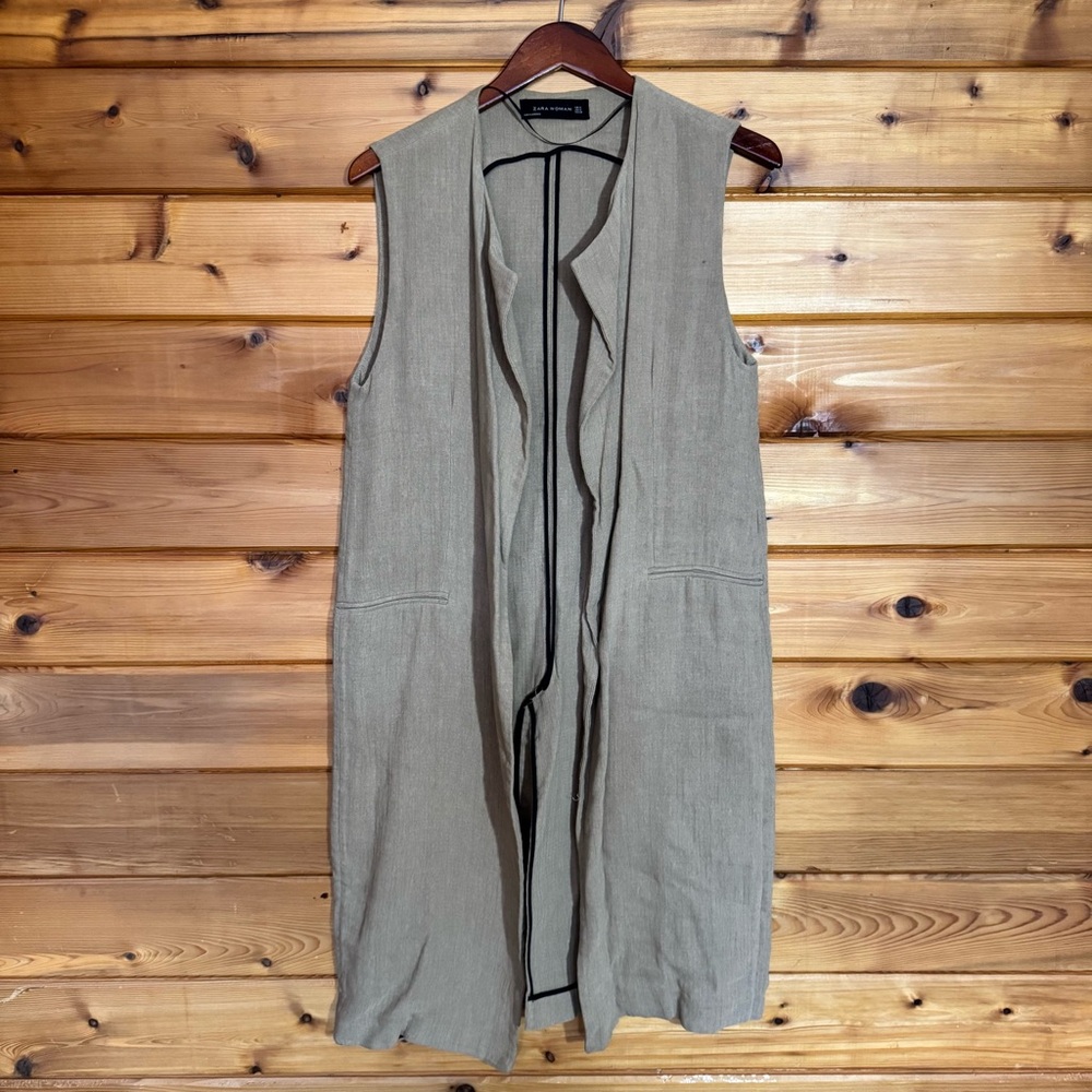 Zara Sleeveless Long Open Front Vest - Beige Taupe